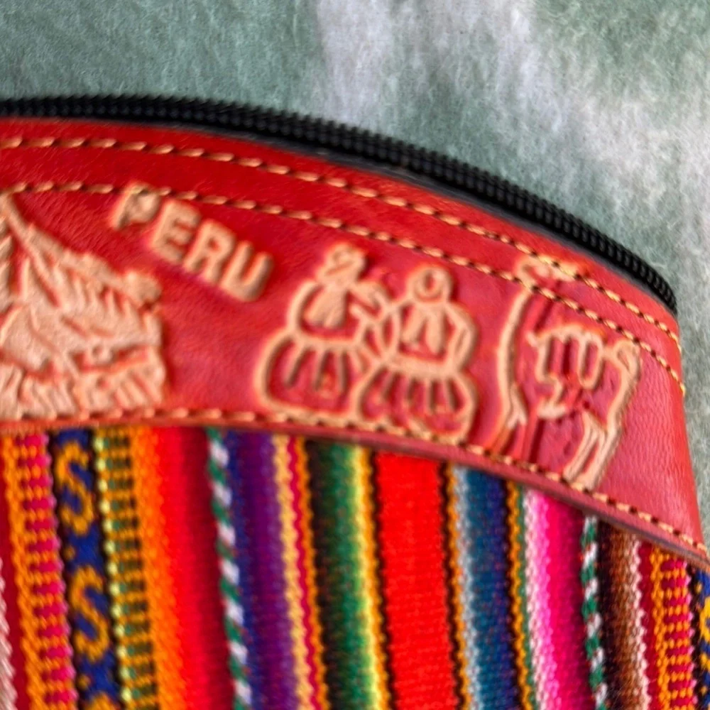 Handmade Colorful Peruvian folkart  leather and fabric pouch Clutch
